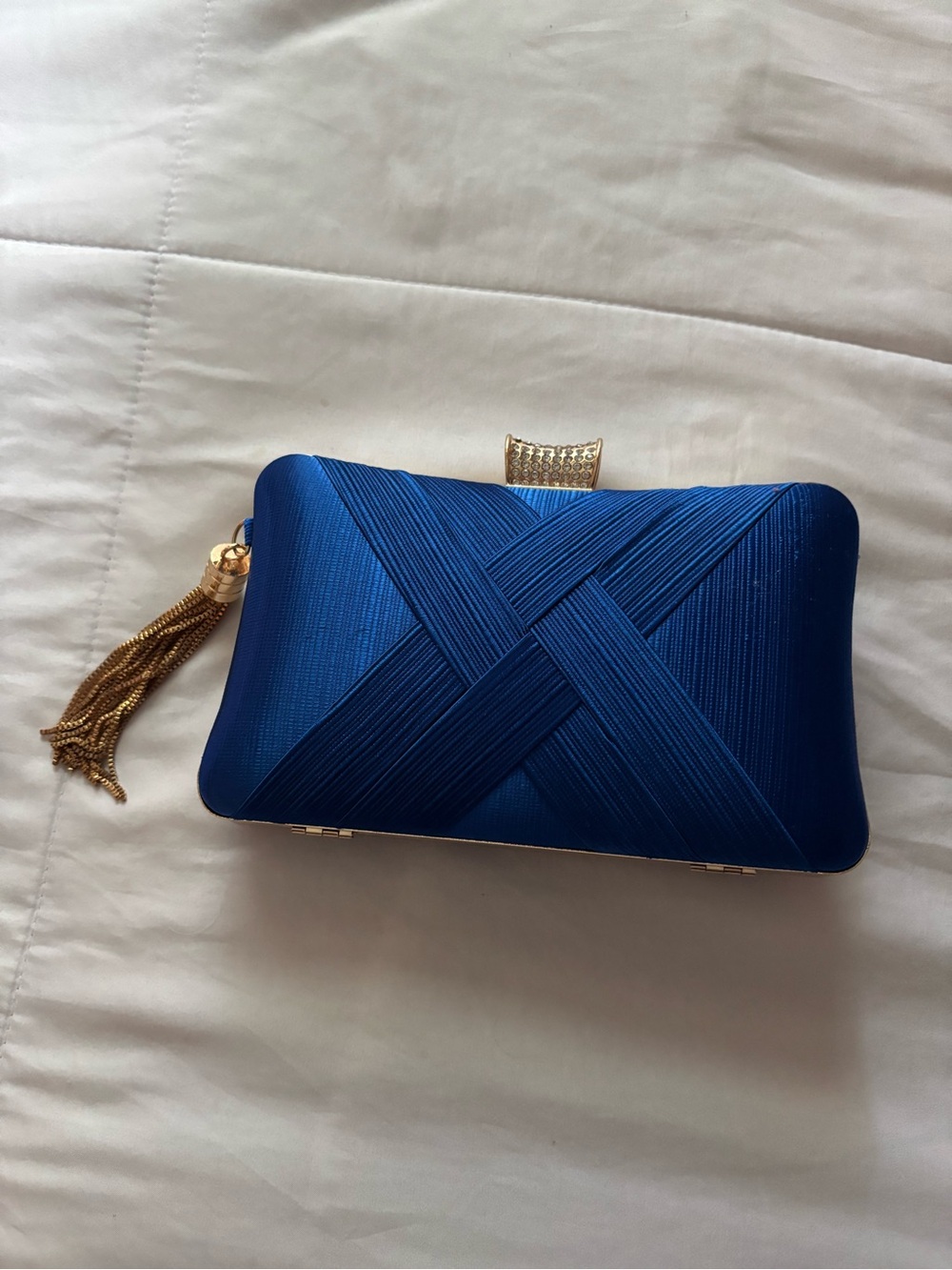 Elegant Blue Satin Evening Clutch with Gold Tassel